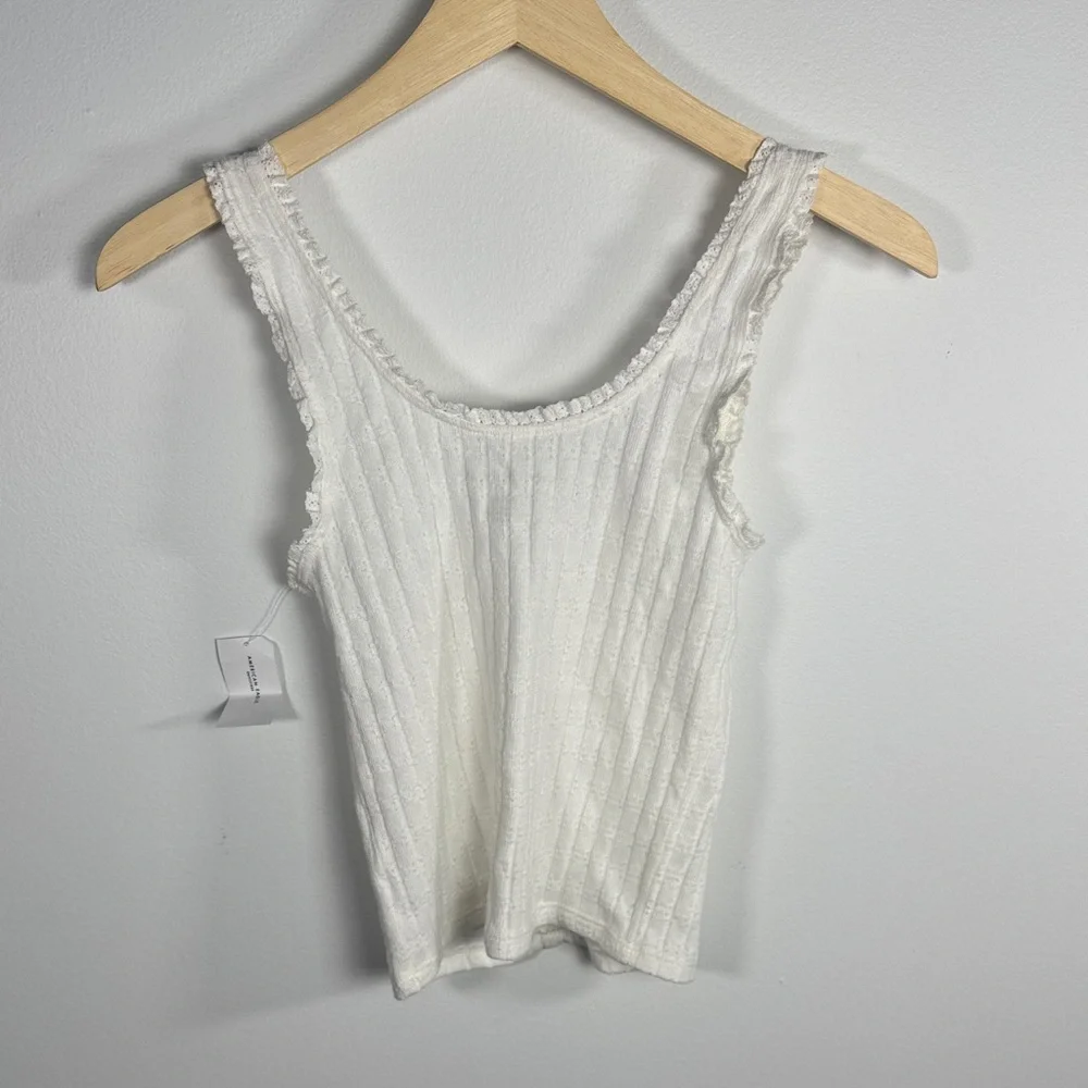 NWT American Eagle White Ribbed Button-Front Tank Top XXS Lace Trim